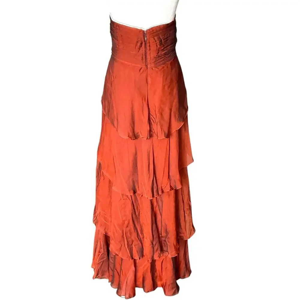 Vtg Shawn Ray Fons Strapless Tiered Ruffle Silk Evening Gown Ruffle Terracotta